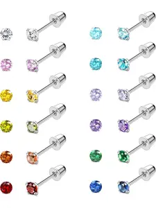 12 Pairs Screw Back Earrings for Women Stainless Steel Multicolored Cubic Zirconia Earrings 3mm /4mm/5mm Stud Earrings with Safety Backs Hypoallergenic Earrings for Women Stud Earrings Jewelry