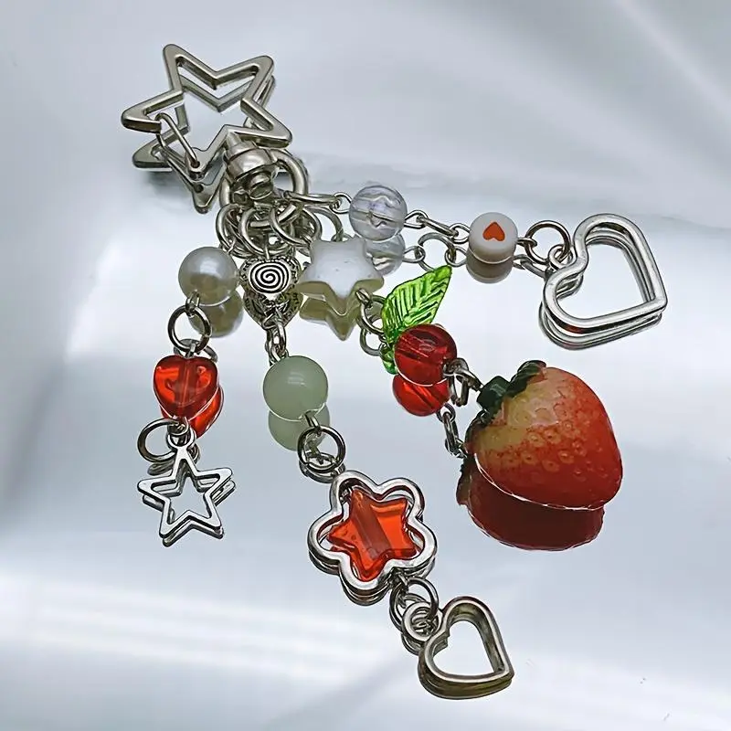 Cute Cartoon Strawberry & Star Bead Design Keychain, Cute Charms Keychain, Creative Phone Chain, Beaded Keychain, Aesthetic Keychain, Keychain Kawaii, Cute Keychains, Unique Gift for Friends & Girls