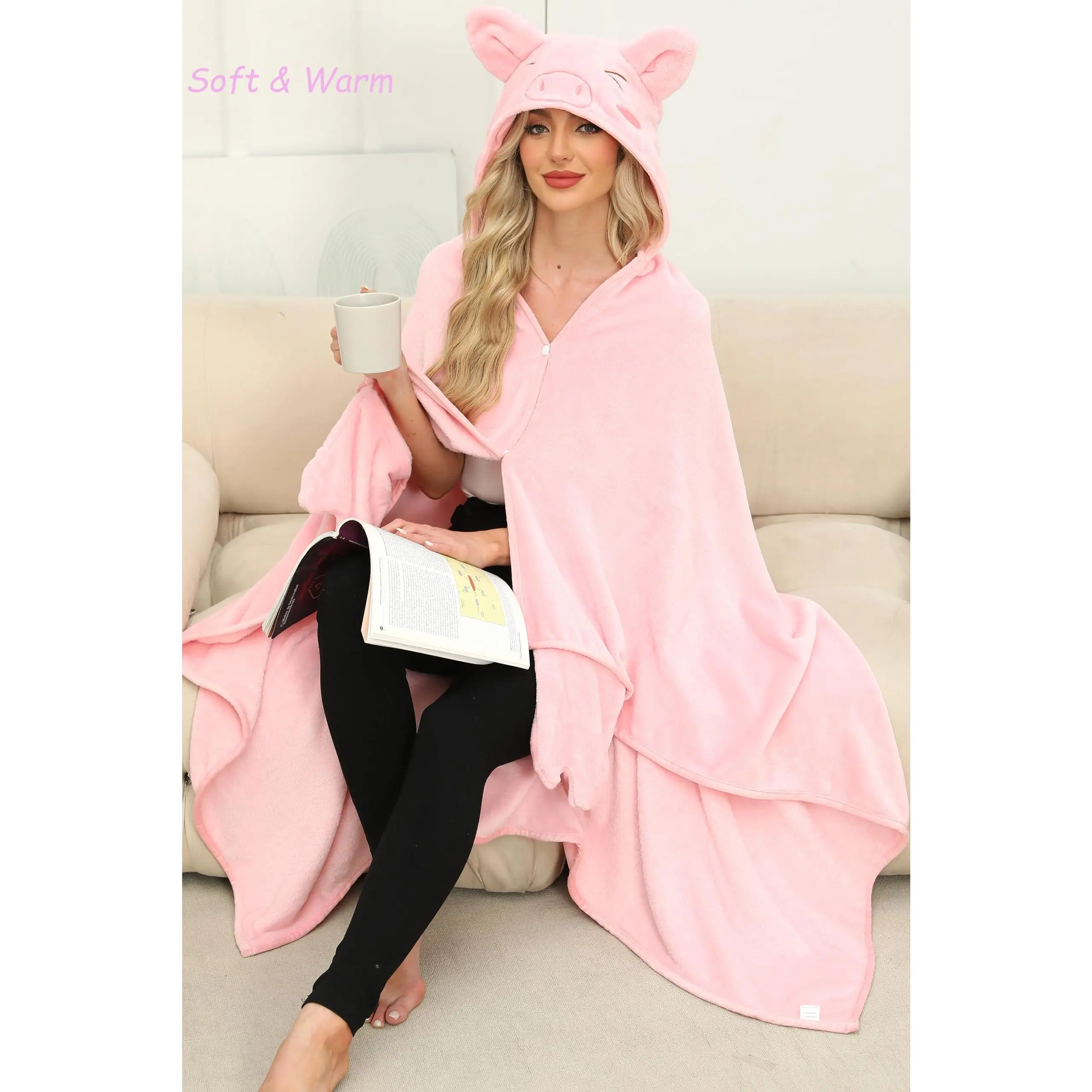 Pink Pig Wearable Hooded Blanket - Soft & Warm Cozy Blanket with Pig Ears Design for Comfortable Wear holiday anime onesies funny pajama