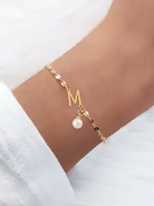 Women's Casual Stainless Steel Bracelet, Letter Pattern Artificial Pearl Pendant, Fashionable Lip Chain for All Seasons, Casual Trendy Jewelry, Trendy Fashionable Accessories