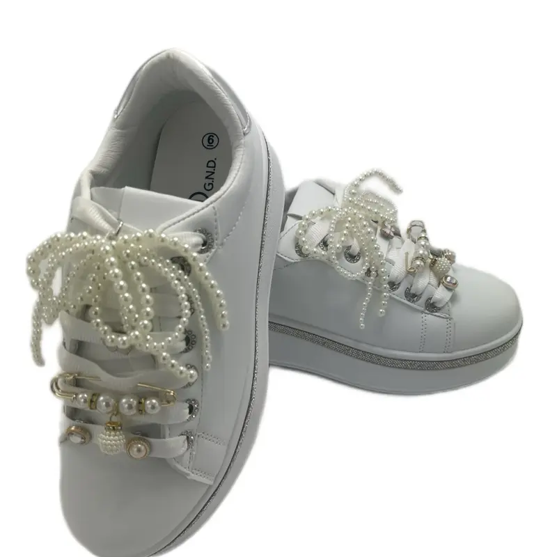 Female Dressy Fashion Sneakers with Pearls Buckle Ornament, Lace-Up Fabric Design with a Customizable Fit, Faux Leather, Casual Wear, All Seasons, Round Toe, Chunky, Leather & Faux Leather