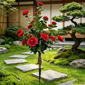 35 Inch Anti-UV Artificial Camellia Shrub, Fade Resistant Fake Flower Bush with Ground Stakes, Outdoor Decoration for Lawn, Courtyard, Garden, Porc