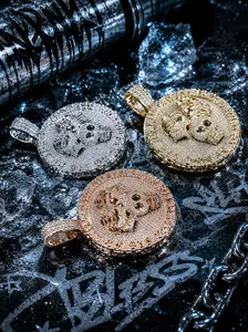 2199  Iced Out Round Skull Medallion Pendant 3 Tone Silver Gold Rose Gold Full Bustdown Engraved Rim Hardcore Hip Hop Necklace Charm