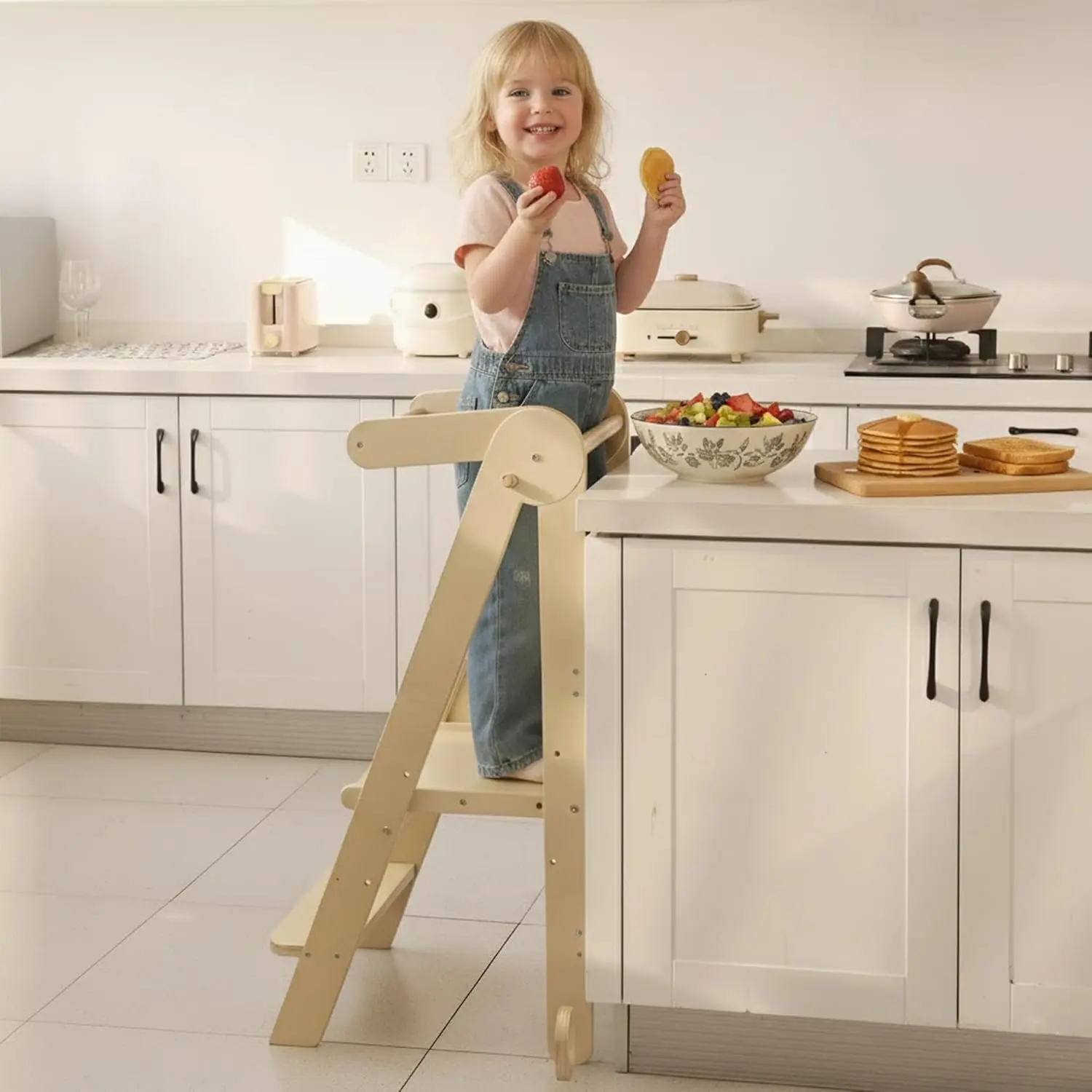 Kids Kitchen Step Stool, Foldable Toddler Tower, Height Adjustable Toddler Standing Tower with Safty Rail and Anti-Slip Device, Wooden Stool for 1.5-6 Years(Nature-Wood) kitchen counter bathroom