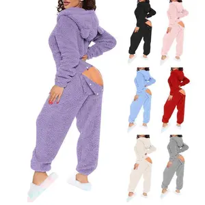 European & American Style – New Sexy Women’s Long-Sleeve One-Piece Lounge Jumpsuit with Crotch Opening and Hood, Cute Plush Design