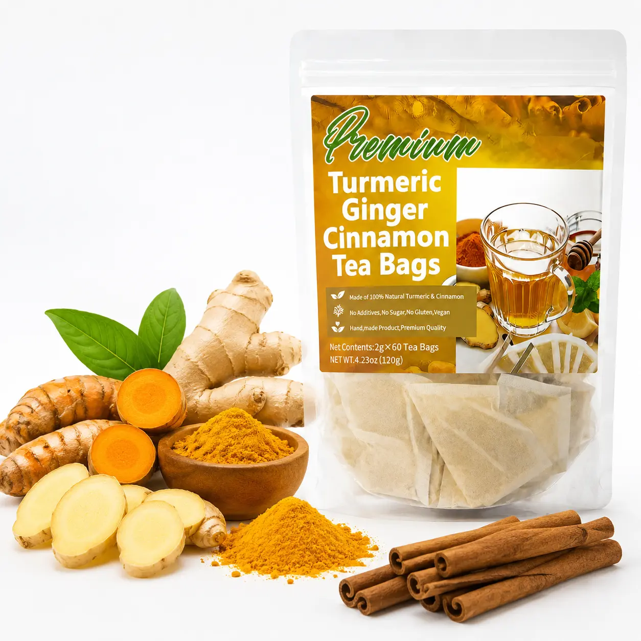 Natural Turmeric Anti-Inflammatory Herbal Tea Bags - 100% Eco-Friendly, Sugar-Free, Gluten-Free, Vegan Drink Blended with Turmeric, Ginger, Cinnamon for Digestive Health by DealsForYouDays, Caffeine Free