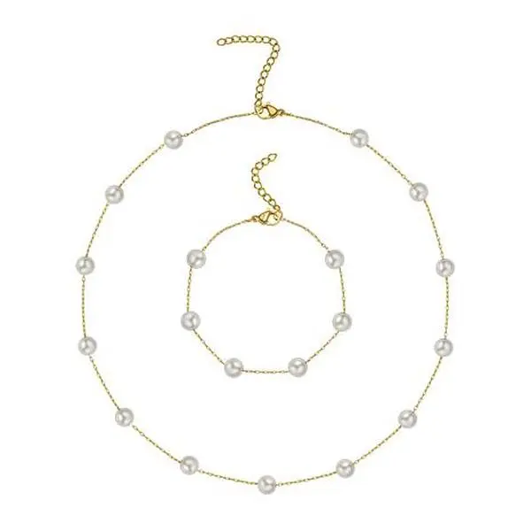 Stately Steel Stainless Steel Simulated Pearl Bracelet and Necklace