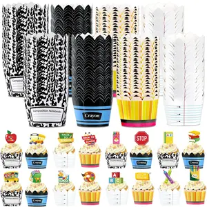 Back to School Cupcake Wrappers and Toppers First Day of School Cake Decoration Pencil Ruler Crayon Notebook Cupcake Liners Welcome Party Cake Picks for Teacher Ceremony Classroom Party Supplies