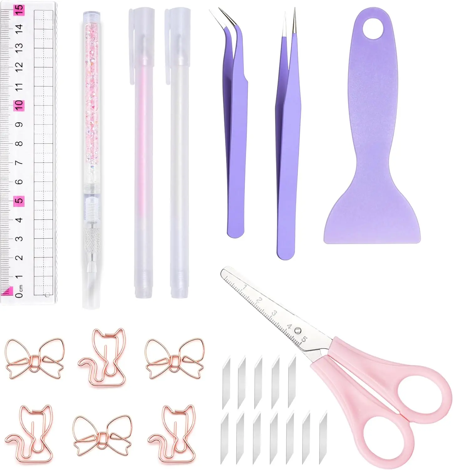 26 pieces of scrapbook tools, including scissors, tweezers, paper clips, scrapers, glue pens, cutting tools, and rulers, used for DIY ledger making and scrapbook decoration