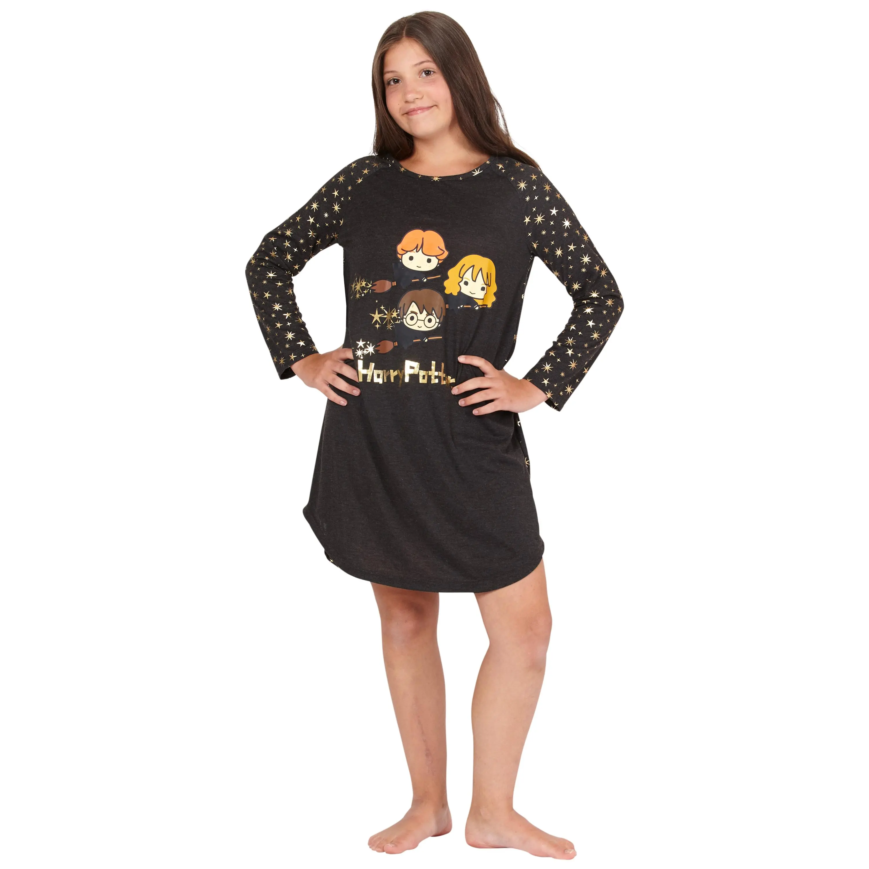 Harry Potter Girls' Hermione Chibi Charms Logo Hogwarts House Crest Raglan Pajama Nightgown