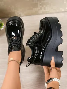 Women's 10CM Wedge Platform Oxford Shoes | Gothic Y2K Dark Academia Style | Glossy Patent Leather Lace-Up Non-Slip Lug Sole Round Toe | For Cosplay, Comic Con, Daily Commute, Street Style