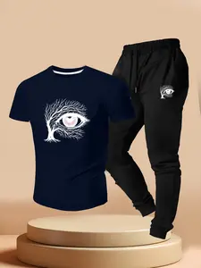 Men's Summer Casual Art Style, Tree Eye Patchwork Print Short Sleeve T-Shirt & Slim Fit Sports Pants Two-Piece Set