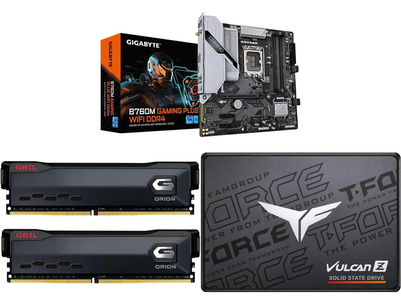 Motherboard Memory SSD Combo -  GIGABYTE B760M GAMING PLUS WIFI DDR4 Bundle with  GeIL GAOG432GB3200C18ADC  and Team Group T253TZ512G0C101