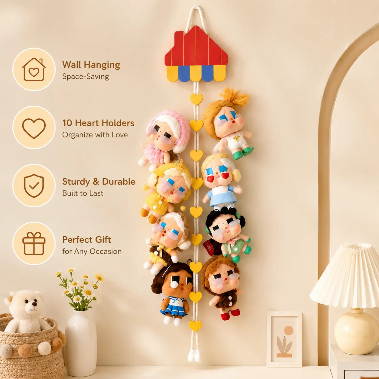 1 Count Cartoon Felt Doll Hanging Organizer, Vertical Wall Mount Strap with Heart Shaped Hooks for Storing Small Plush Figurines at Home