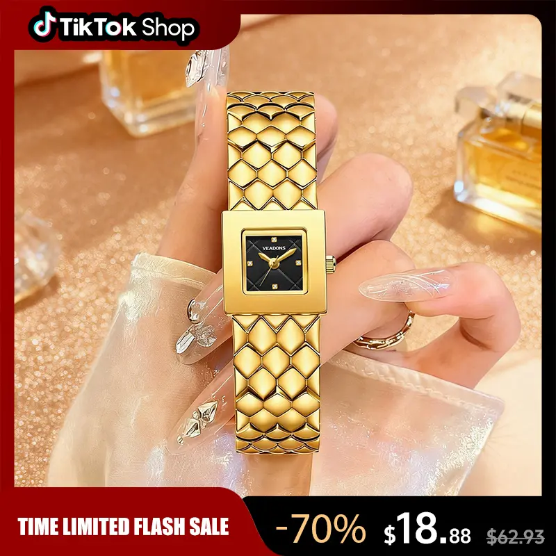 VEADONS Women Jewelry Watch Luxury Gold Square Dial Waterproof Stainless Steel Bracelet Quartz Elegant Fashion Wristwatch for Her
