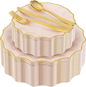 150PCS Pink Plastic Plates for Party, Heavy Duty Pink Disposable Plates, Gold Dinnerware Set Include 30 Dinner Plates,30 Dessert Plates,30 Gold Plastic Silverware Set for Mothers Day, Party