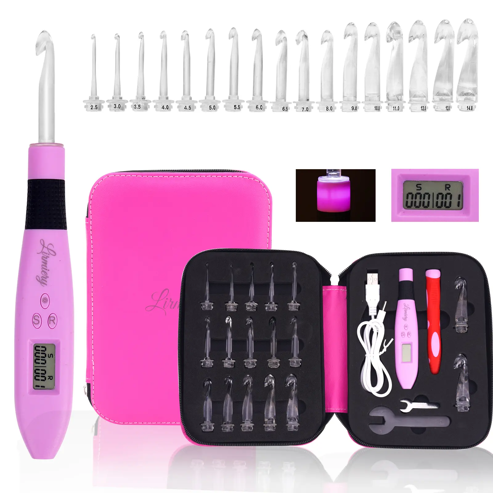 Lirmiery 17 Sizes Counting Crochet Hook Set Digital 2.50~14.0mm,2 Levels Brightness Dimmable Light Up Crochet Hooks for Stitch & Row Counter,Beginner Knitting Kit with 17Interchangeable Crochet Hooks
