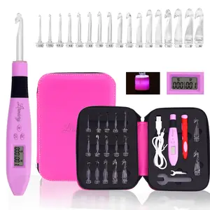 Lirmiery 17 Sizes Counting Crochet Hook Set Digital 2.50~14.0mm,2 Levels Brightness Dimmable Light Up Crochet Hooks for Stitch & Row Counter,Beginner Knitting Kit with 17Interchangeable Crochet Hooks