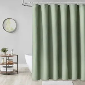 Sage Green Waffle Textured Shower Curtain 72Wx72H 256GSM Heavy Duty Polyester with 12 Plastic Hooks for Bathroom Decor Water-Repellent Stain-Resistant