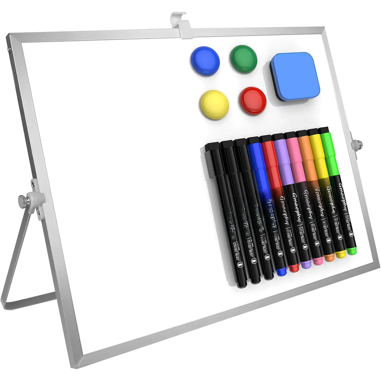Double-Sided Dry Erase Whiteboard Set - 16inX12in Desktop Writing Board with Adjustable Standing Easel, 10 Markers, 4 Magnets, 1 Eraser, Portable for Desk, School Use