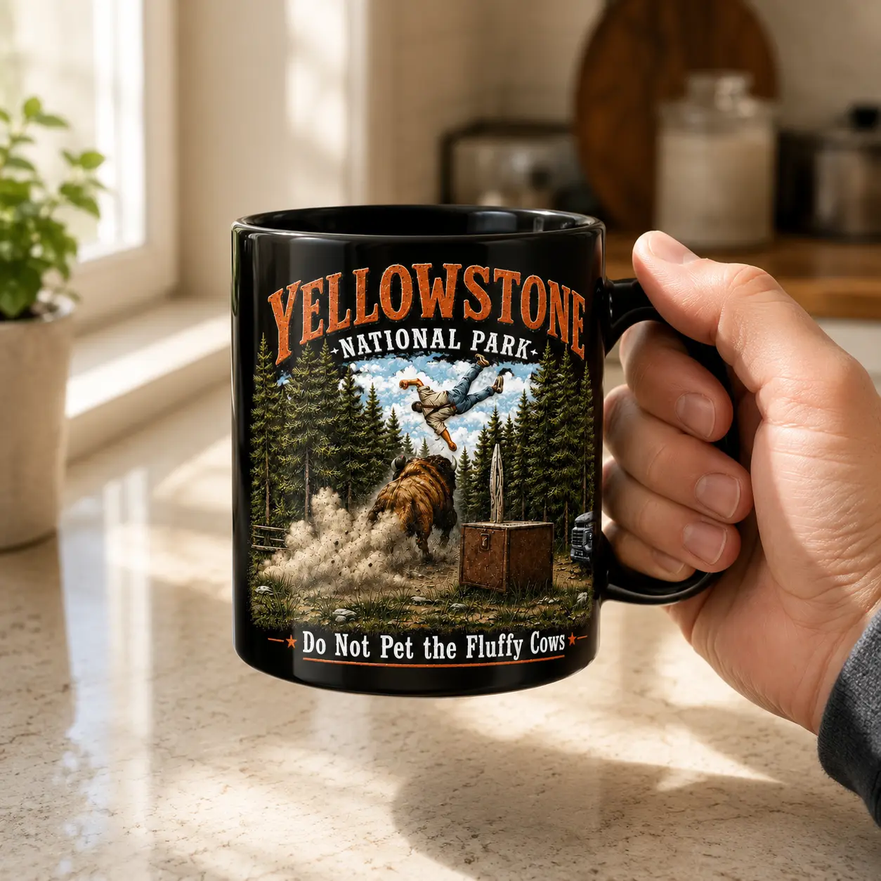 Yellowstone National Park Funny Bison Mug, Do Not Pet the Fluffy Cows Black Coffee Cup, Outdoor Camping Gift for Travelers, Hikers and Nature Lovers