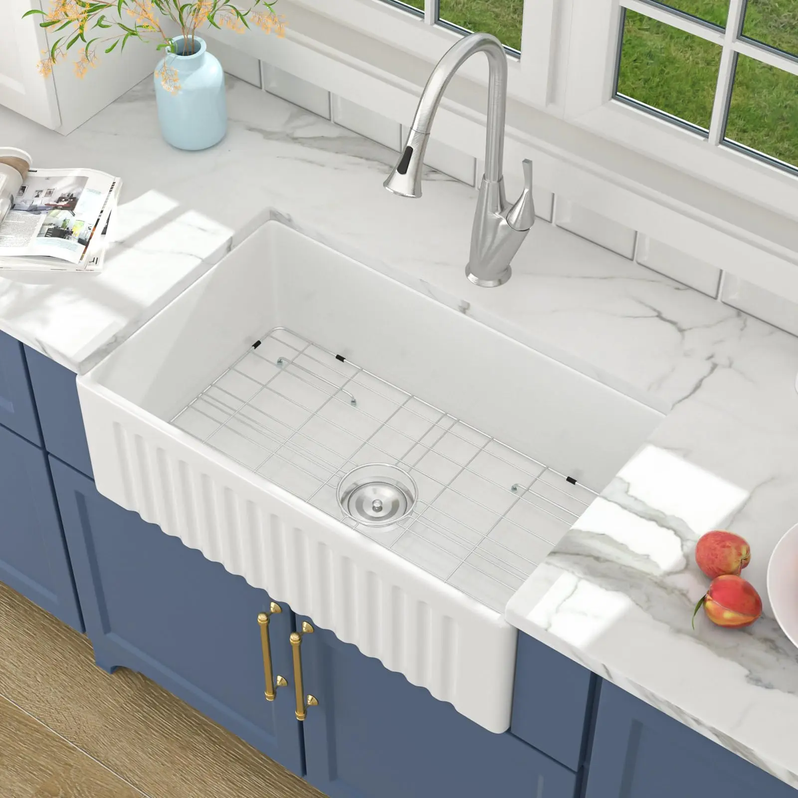Lordear 30x18 White Farmhouse Sink - Reversible Farmhouse Fireclay Kitchen Sink 30 Inch Single Bowl Apron Front Sink 30x18x10 Inch Farm Farmer Style Glossy White Sink