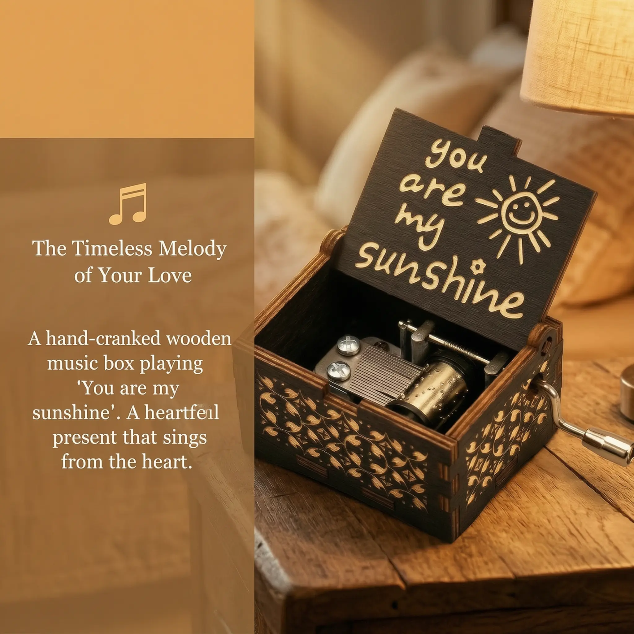 Viral "You Are My Sunshine" Vintage Wooden Music Box | Hand Crank Engraved Musical Box | Sentimental Keepsake Gift for Mom, Daughter, Girlfriend | Aesthetic Room Decor  Ornaments