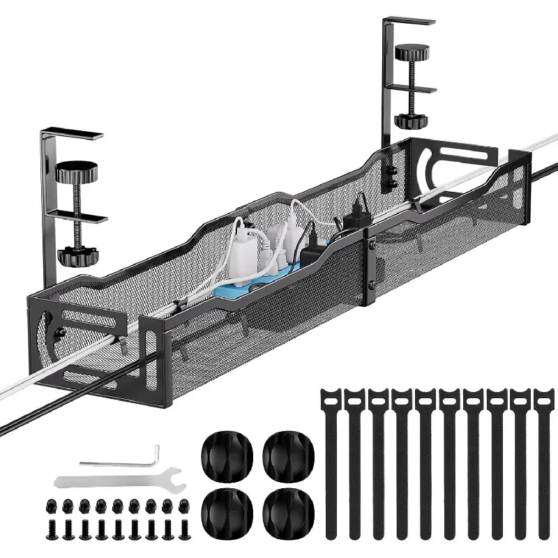 25 Inch No-Drill Under Desk Cable Management Tray, Sturdy Black Metal Cord Organizer with Secure Clamp Mount, No Screws Required Installation, Tidy Wires & Cables Storage Holder Compatible with All Standing Desks, Neat Desk Accessory for Home Workspace