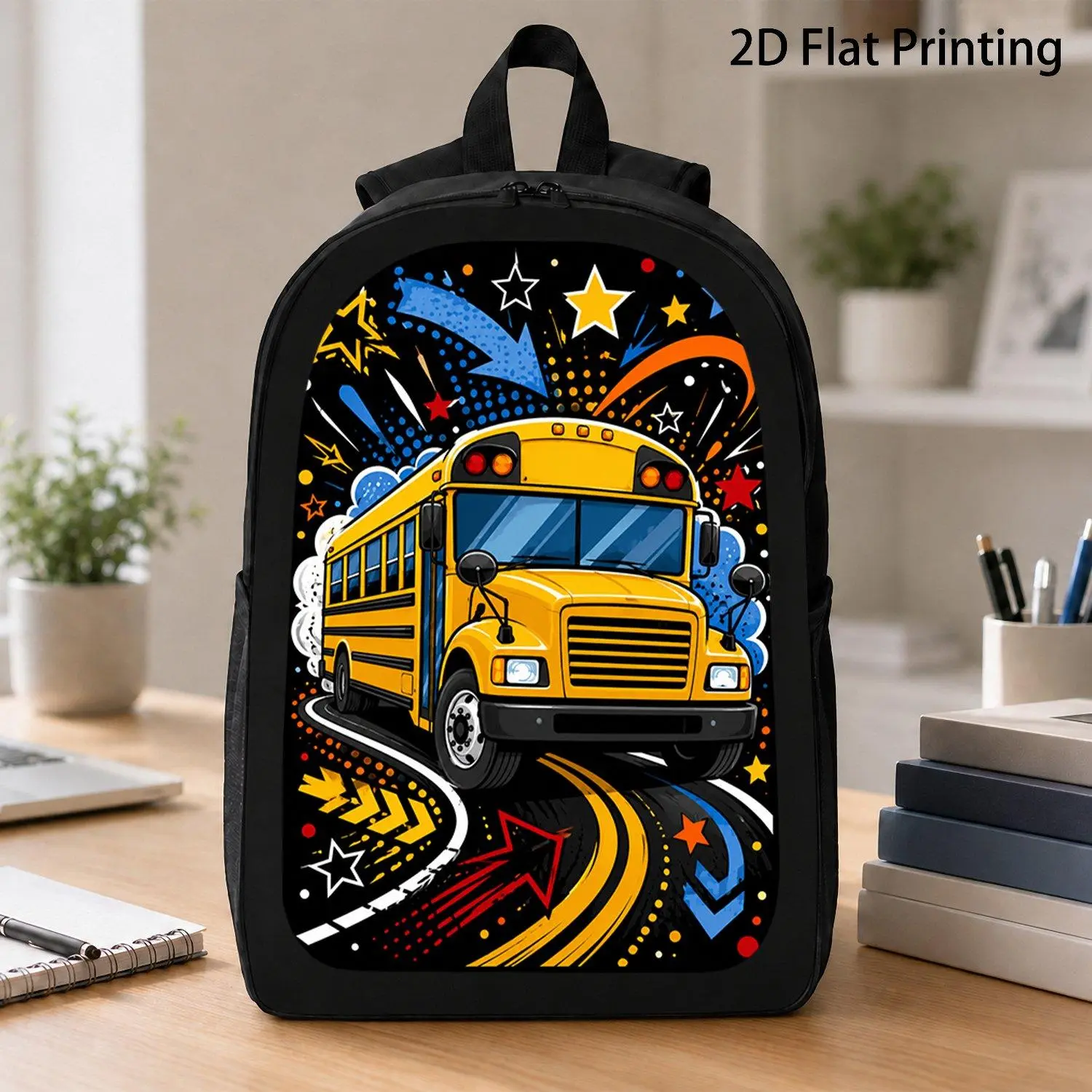[17 Inch Backpack] 1pc Cool Yellow School Bus Graffiti Backpack Trendy Back To School Graphic Backpack Stylish Kids Laptop Backpack Lightweight Daily Travel Backpack For Students