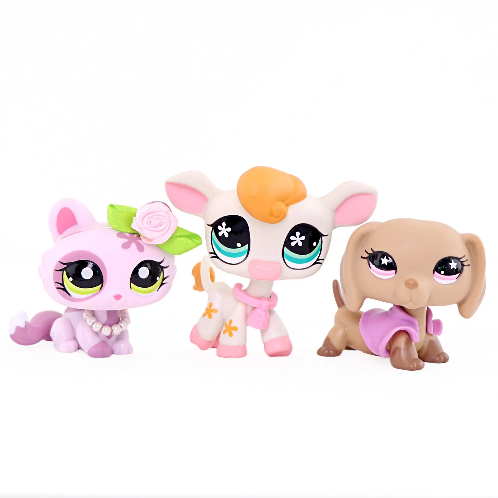 3Pcs Hand-Painted Mini Animal Figurine Set - Kitty, Lamb & Dachshund Mini Figurines with Flower, Pearl Decorative Accessories, Desktop Shelf Collectible Ornament Toy Gift