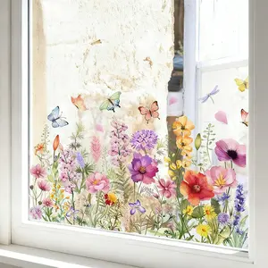 Flower Pattern Window Sticker, 1 Count Flower Design Colorful Natural Style Removable Waterproof Window Decal, Decorative Sticker for Home Window Office School, Decoration Items, Stickers Decor
