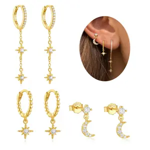 JEYFULL Earrings for Women - Earring Stacking Set, Moon Star Design Cubic Zirconia Stud & Dangle Hoop Earrings, Hypoallergenic Earcuff Jewelry for Earring Lover