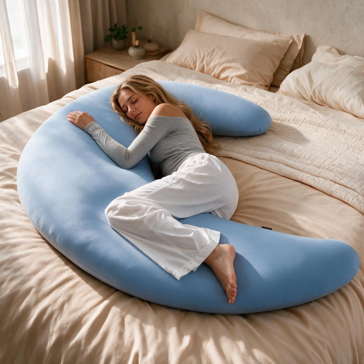 This giant 140cm moon-shaped body pillow is the ultimate sleep lifesaver for every side sleeper and pregnant mama! Ultra soft cloud-like fabric wraps your whole body, full supportive design relieves back, hip and shoulder aches all night long.