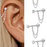 Unisex Stainless Steel Cubic Zirconia Earrings, 20G Push-Back Studs with Double Chain Design, CZ Earrings, Cz Stones Earrings, Fashion Ear Jewelry, Trendy Jewelry Accessories, Sparkling Zirconia, Perfect Gift, Fashion Jewelry Party