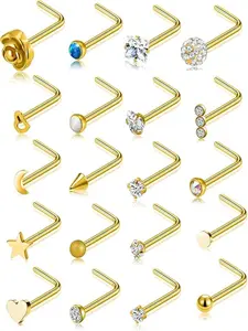 20 Pcs Nose Rings Trendy & Dazzling Style (Multiple Styles with Shiny Crystal Accents & L-Shaped Design) for Women & Girls (Daily Wear, Parties & Piercing Styling) Geometric Nose Ring
