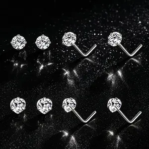 OUFER 20G Titanium L-Shape Heart/Round Rhinestone Nose Studs, 2PCS Design for Daily Wear & Double Nose Piercing