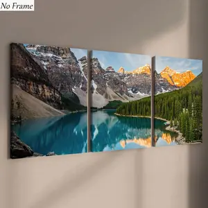 Rocky Mountain Lake Mountain Triptych Painting, Serene Water and Majestic Mountains, Relaxing Banff Morning Scene, 3pcs Wall Art Decor
