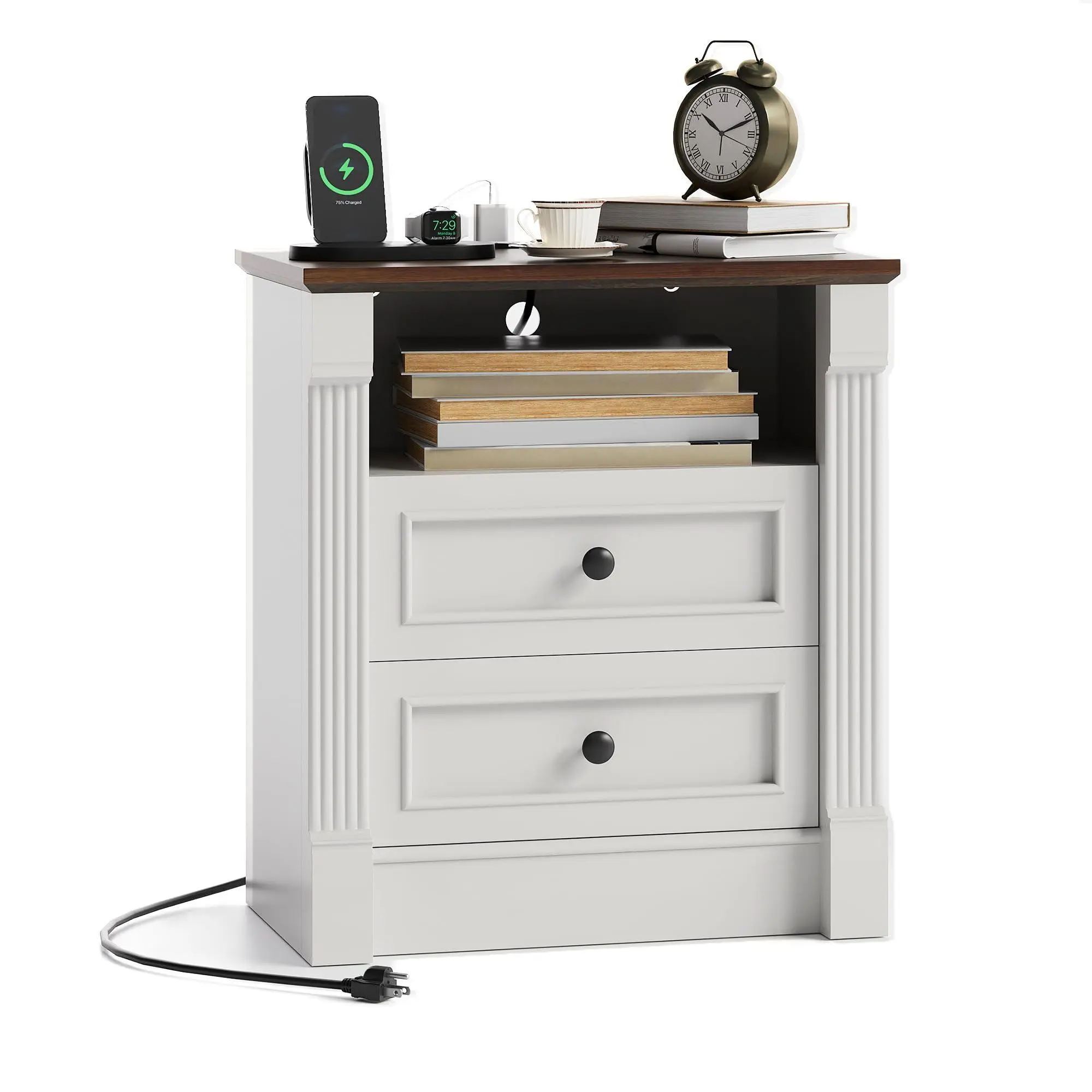 23.6" Wide Farmhouse Nightstand with Charging Station and 2 Drawers, Rustic Wood Bedside Table with Roman Column Design, End Table for Bedroom Living Room, White