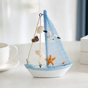 1 Pc Vintage Wooden Sailboat Décor – Mediterranean style nautical model with fishing net and shell accents. Rustic Design home decoration for living room, bar or shelf, perfect housewarming gift and coastal décor piece.