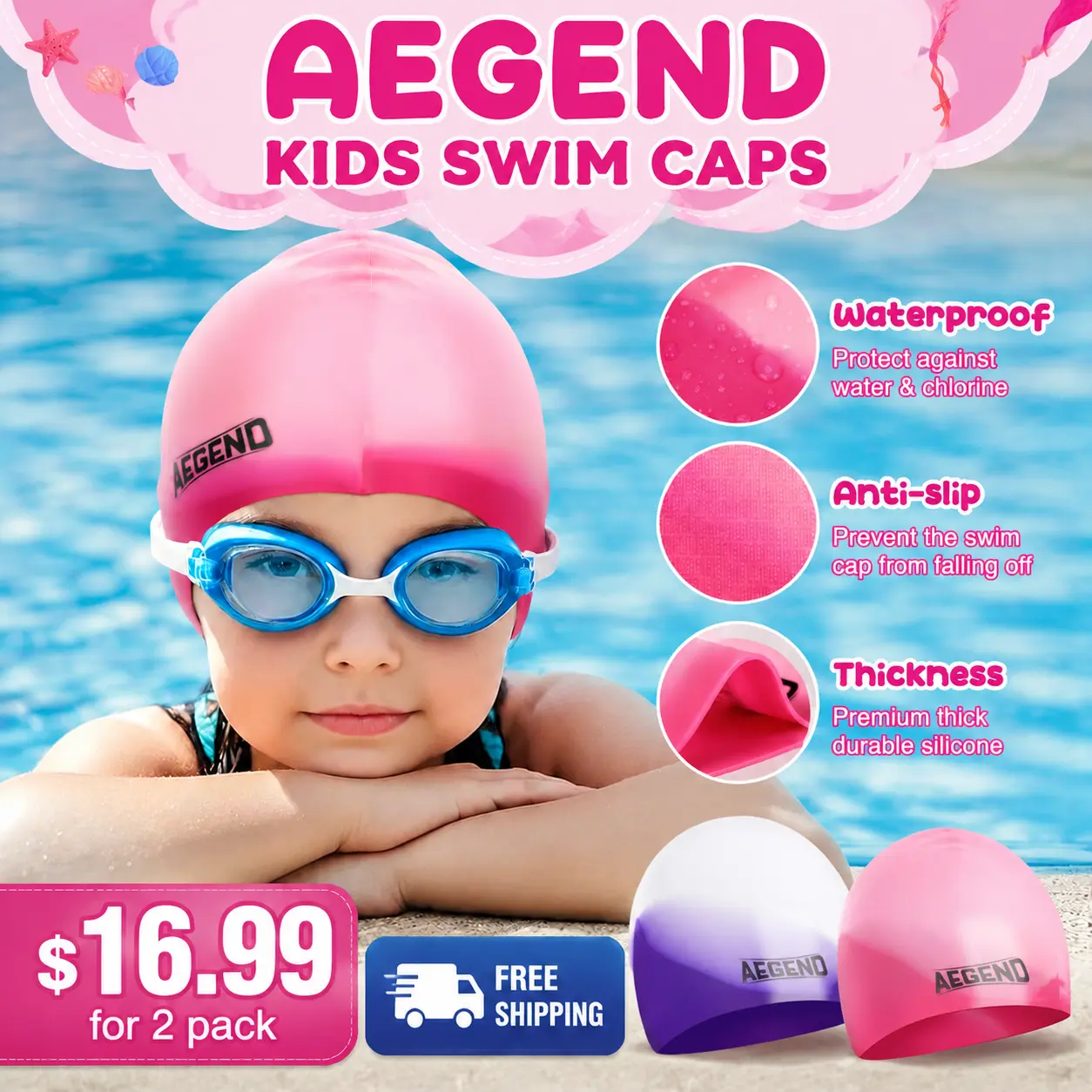 Aegend Unisex Silicone Swimming Caps 2-Pack - Tear-Proof, Ultra-Stretch, Durable, 2 Sizes for 4-12 Years’ Long/Short Hair, Mixed Colors Summer Swimmable Swimming Accessory, Swimmable Swimming Caps,camping essentials