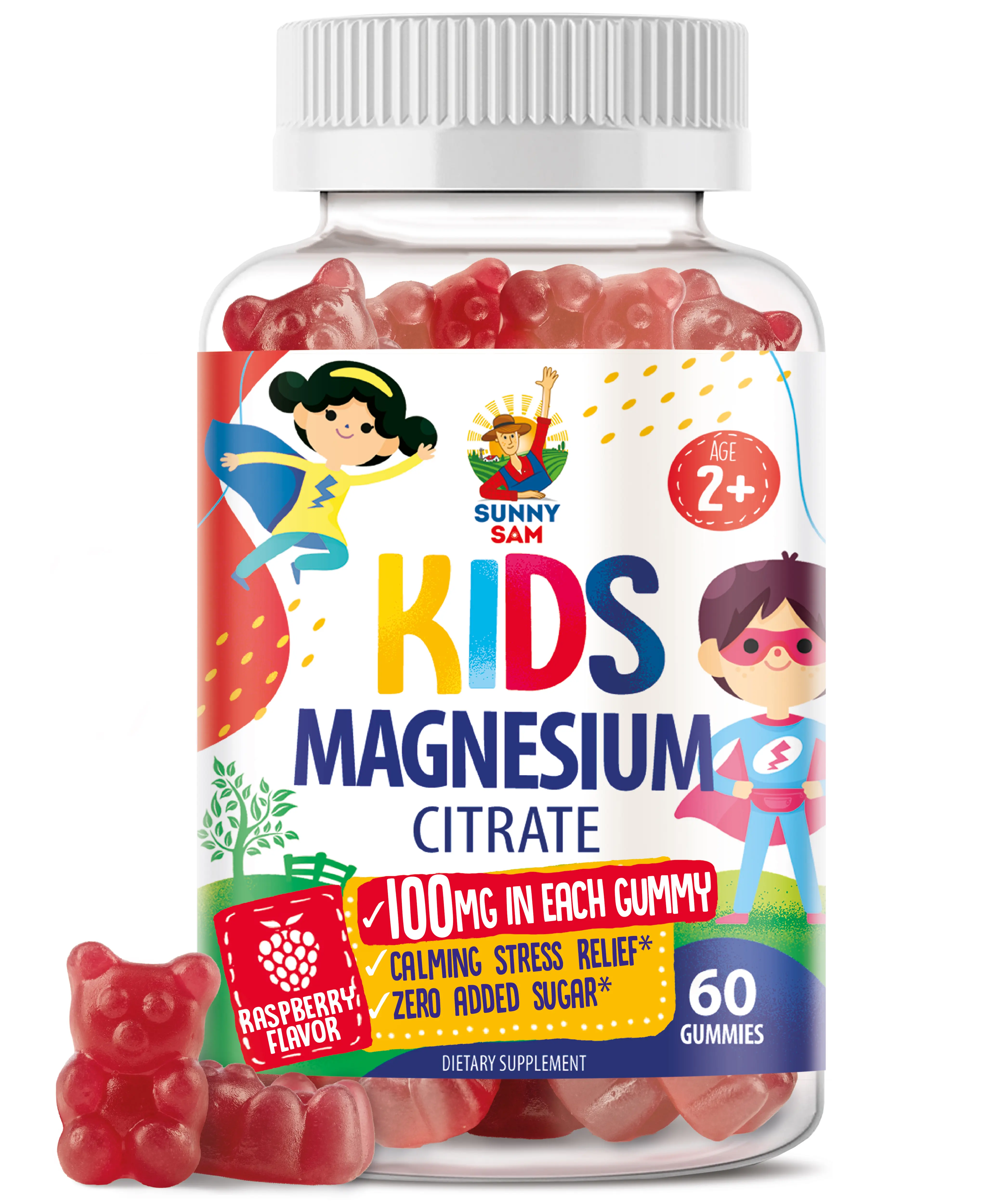 Sunny Sam Kids' Magnesium Citrate Gummies - 100mg per Gummy, 60 Pieces, Sugar-Free, Gluten-Free, Vegan Pectin, Non-GMO, No Gelatin, Raspberry Flavor, Daily Magnesium Supplement for Youth, Mood & Muscle Support