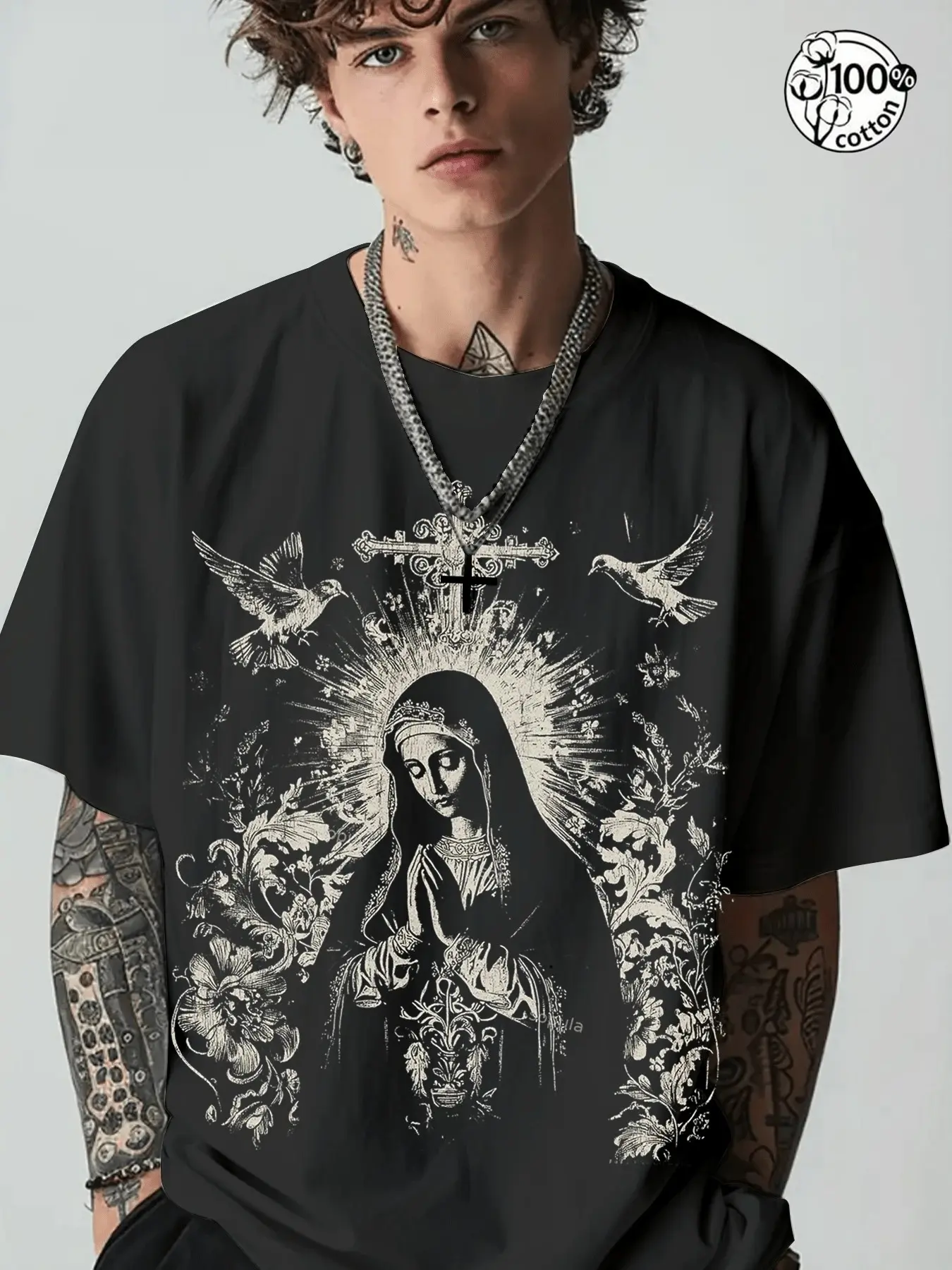 Unisex 100% Cotton Vintage Menswear Virgin Mary Religious Graphic Casual Oversized Relaxed Baggy Fit T-Shirt | Y2K Gothic Dark Aesthetic High Street American Retro Streetwear Top
