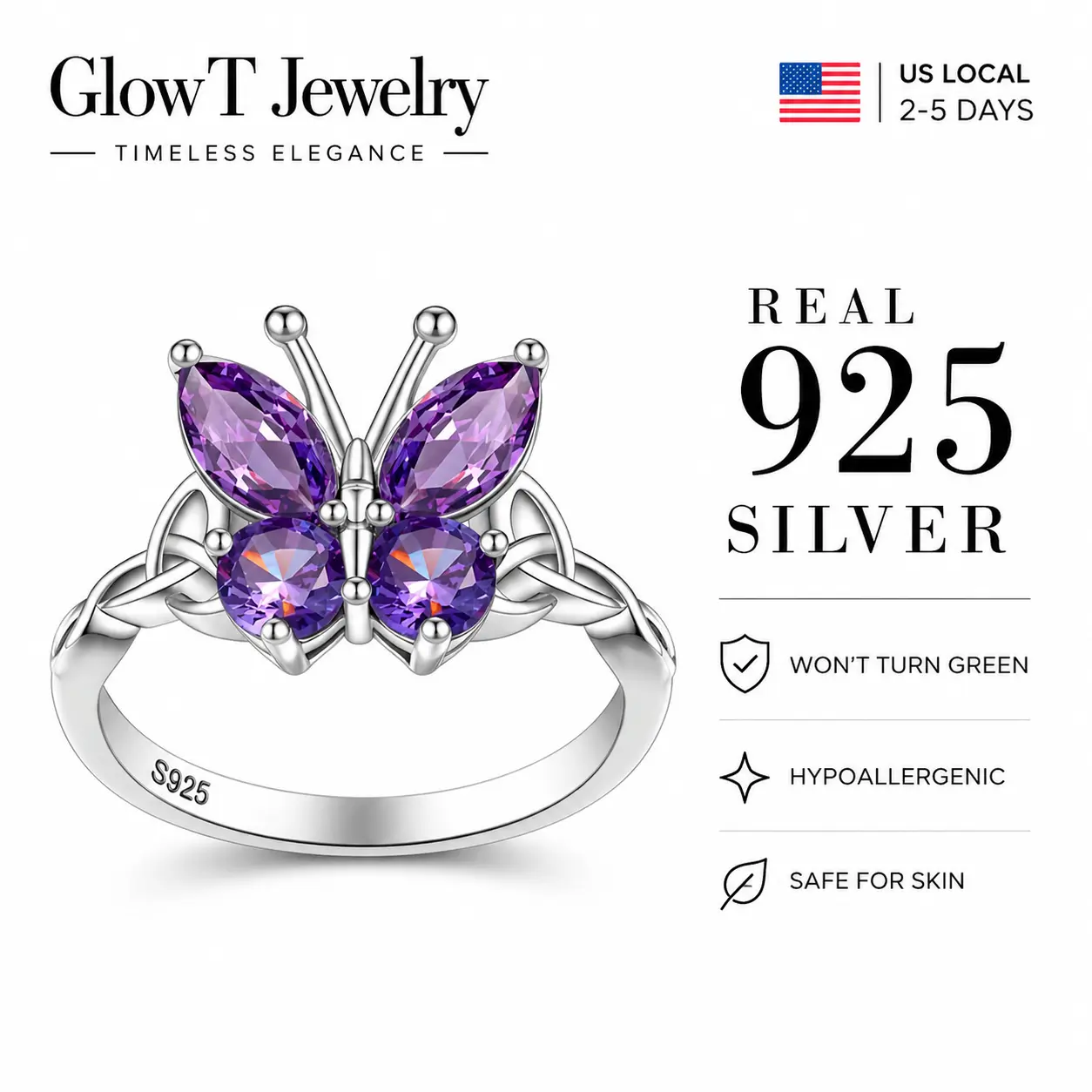 925 Sterling Silver Butterfly Ring with Purple Cubic Zirconia, Adjustable Open Design, Elegant Celtic-Inspired Band, Vintage Boho Statement Jewelry for Women, Perfect Gift for Everyday Wear