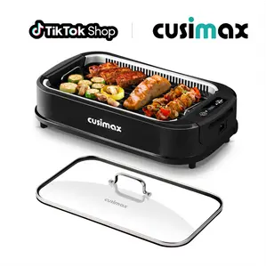 CUSIMAX Smokeless Portable Electric Barbecue Grill - 1500W Compact Stainless Steel Indoor Household Appliances with Turbo Smoke Extractor, Nonstick Removable Pan, Glass Lid, Grill and Griddle for Home Cooking