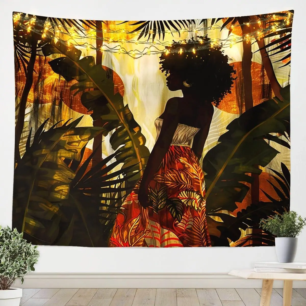 Black Afro Wall Hanging Medium African American Woman Lady Tapestry Abstract Boho Tropical Plant Leaves Wall Blanket Women Men Modern Decor Wall Art