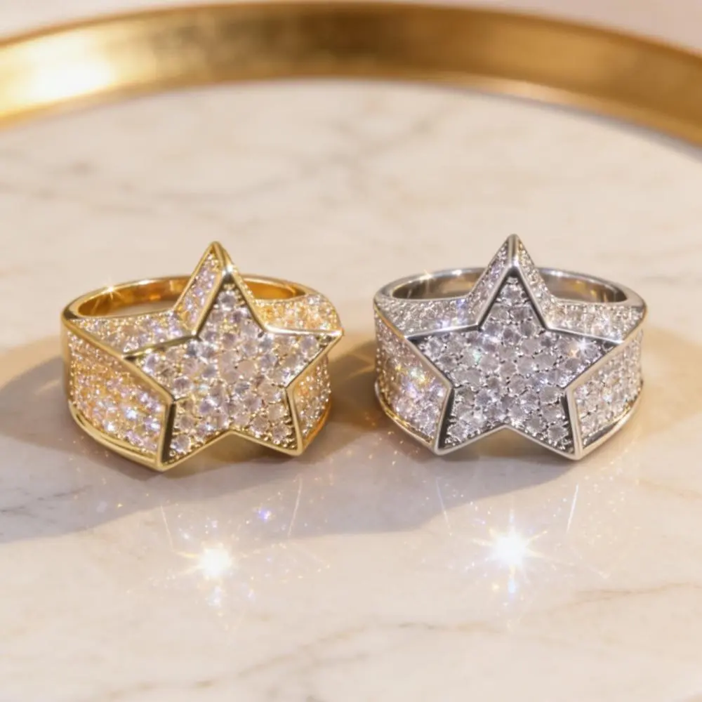 Funky Chunky Silver Hiphop Star Engagement Ring, Full Cubic Zirconia Sparkling Jewelry, Trendy Jewellery Accessories, Jewelry Gifts for Her (April Birthstone) for Wedding, Daily Wear, Engagement Rings, Cubic Zirconia Rings
