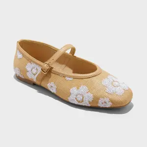 Women's Issa Raffia Floral Sequin Mary Jane Ballet Flat with Memory Foam Insole - A New Day
