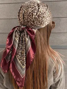 Women's Satin Leopard Print Scarf, 90x90cm Fitted Headscarf, Spring Fashion Accessory, Belt Bag Ribbon Hairband Option