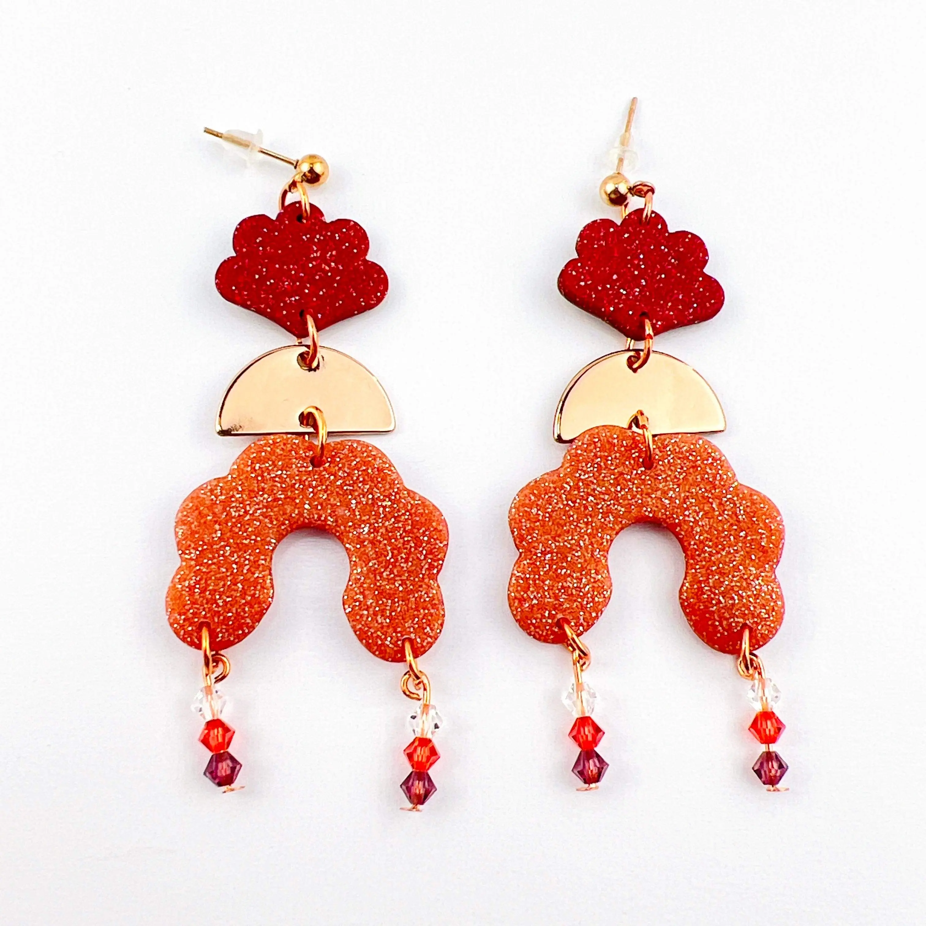 Angelica - Burgundy Clay Scallops, Rose Gold Half Moons & Rose Gold Scalloped Arches with Beaded Crystal Dangle Earrings