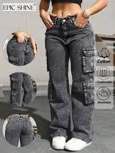 Women's Denim Jeans Dark Grey Washed Multi-pocket Straight Leg Cargo Pants, Casual Commuter Streetwear, Soft Stretch Comfortable Loose Fit Suitable for All Seasons Outdoor Shopping Dating